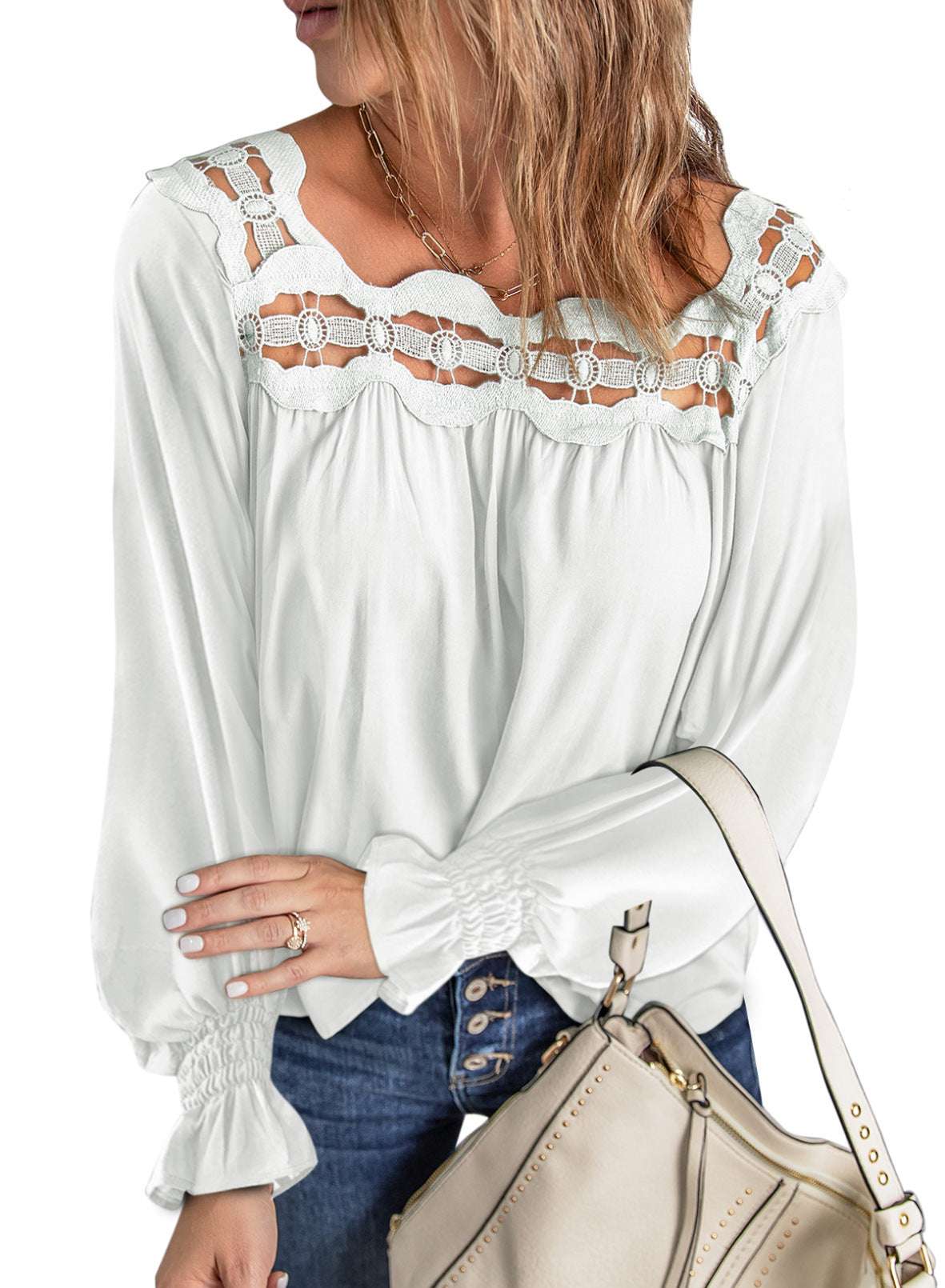 Loose Pullover Shirt Hollow Out Lace-collared Blouse Women - CanvasSphere