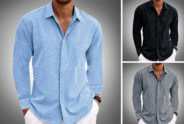 Long Sleeve T-shirt Undershirt Solid Color Long Sleeve Cotton Linen Shirt Men - CanvasSphere #