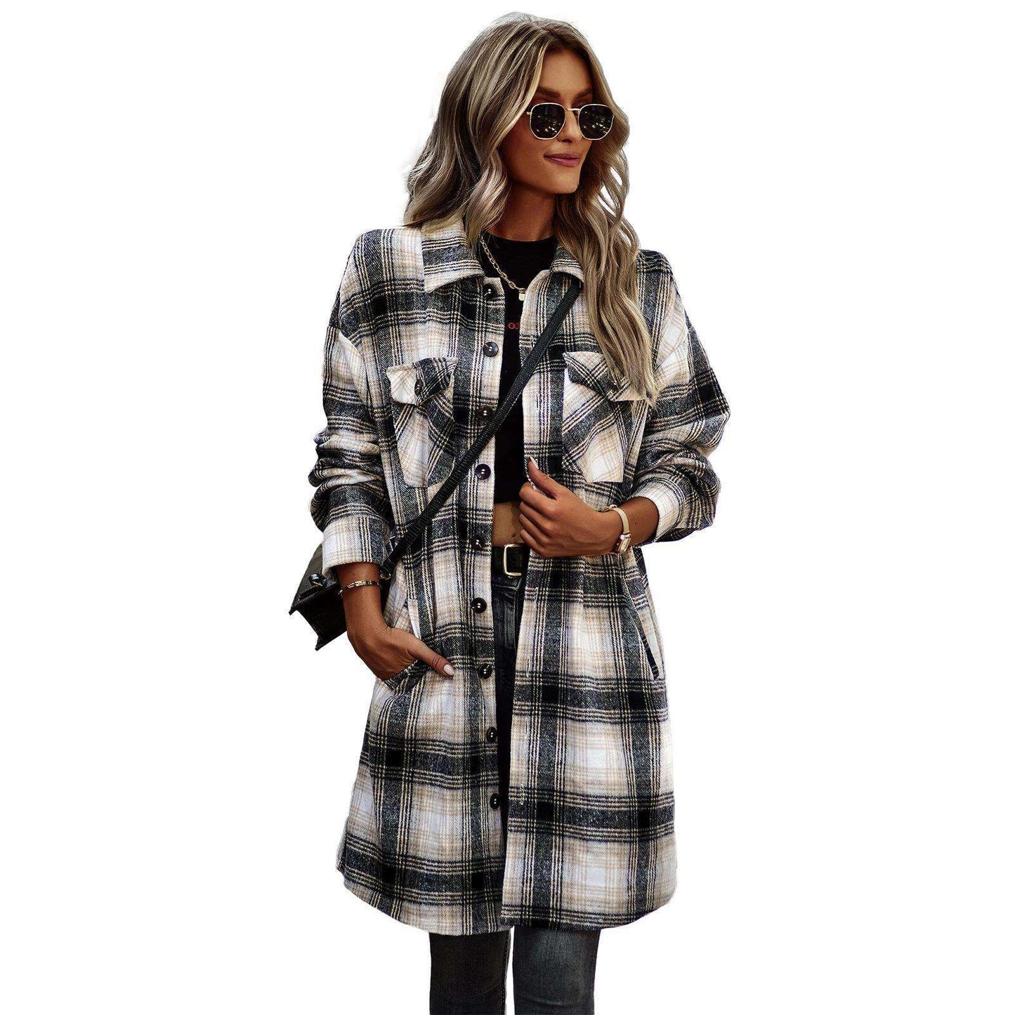 Temperament Leisure Long Plaid Tup Cardigan Coat - CanvasSphere #