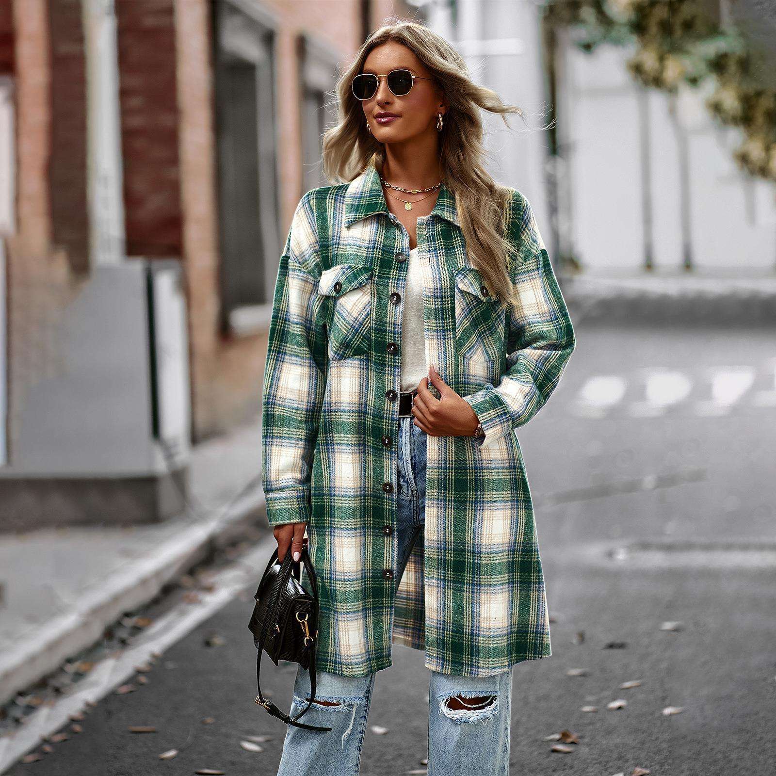 Temperament Leisure Long Plaid Tup Cardigan Coat - CanvasSphere #