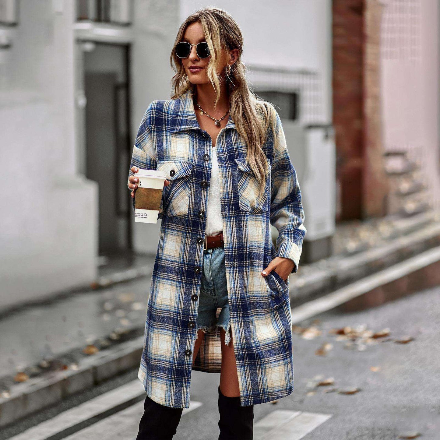 Temperament Leisure Long Plaid Tup Cardigan Coat - CanvasSphere #