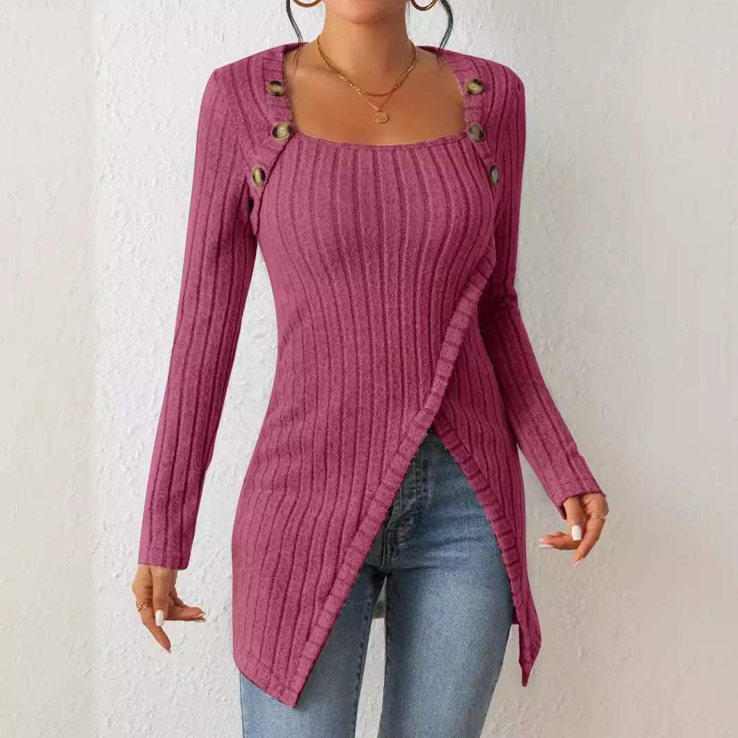 Square Collar Irregular Knitted Top With Button Design Fashion Solid Long-sleeved Long Top For Women Clothing - CanvasSphere