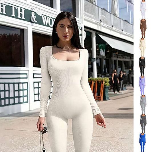 Women's Yoga Sports Fitness Jumpsuit Workout Long Sleeve Square Collar Clothing - CanvasSphere #