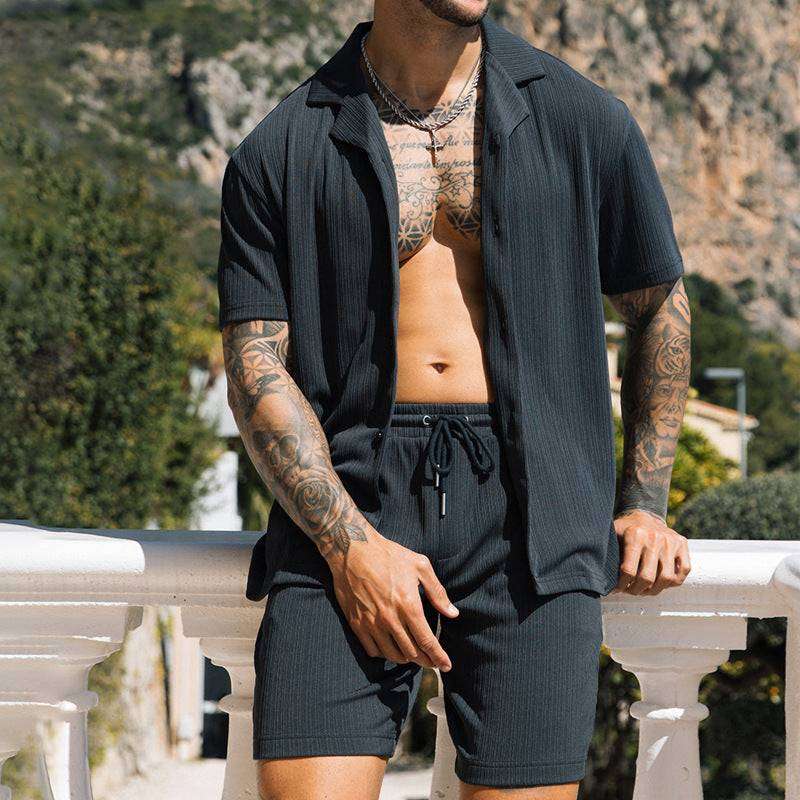 Men's Two Piece Set Short Sleeve Lapel Button Shirts And Shorts Beach Style Suits Men Summer Fashion Clothing Streetwear