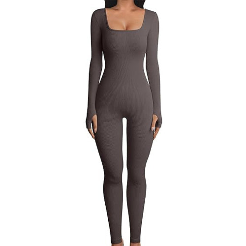 Women's Yoga Sports Fitness Jumpsuit Workout Long Sleeve Square Collar Clothing - CanvasSphere #