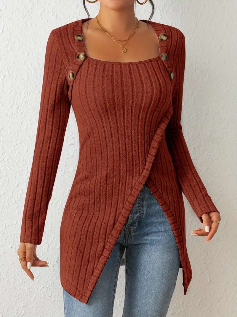 Square Collar Irregular Knitted Top With Button Design Fashion Solid Long-sleeved Long Top For Women Clothing - CanvasSphere