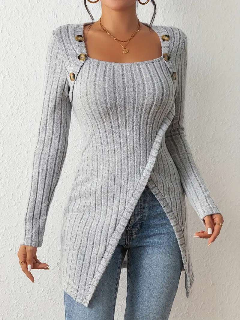 Square Collar Irregular Knitted Top With Button Design Fashion Solid Long-sleeved Long Top For Women Clothing - CanvasSphere