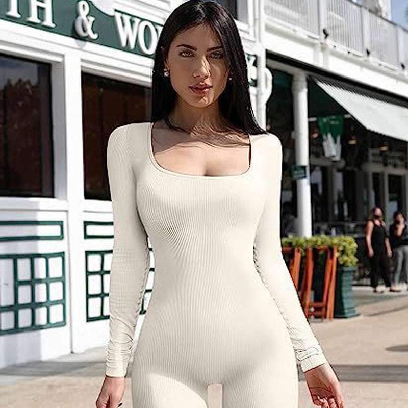 Women's Yoga Sports Fitness Jumpsuit Workout Long Sleeve Square Collar Clothing - CanvasSphere #