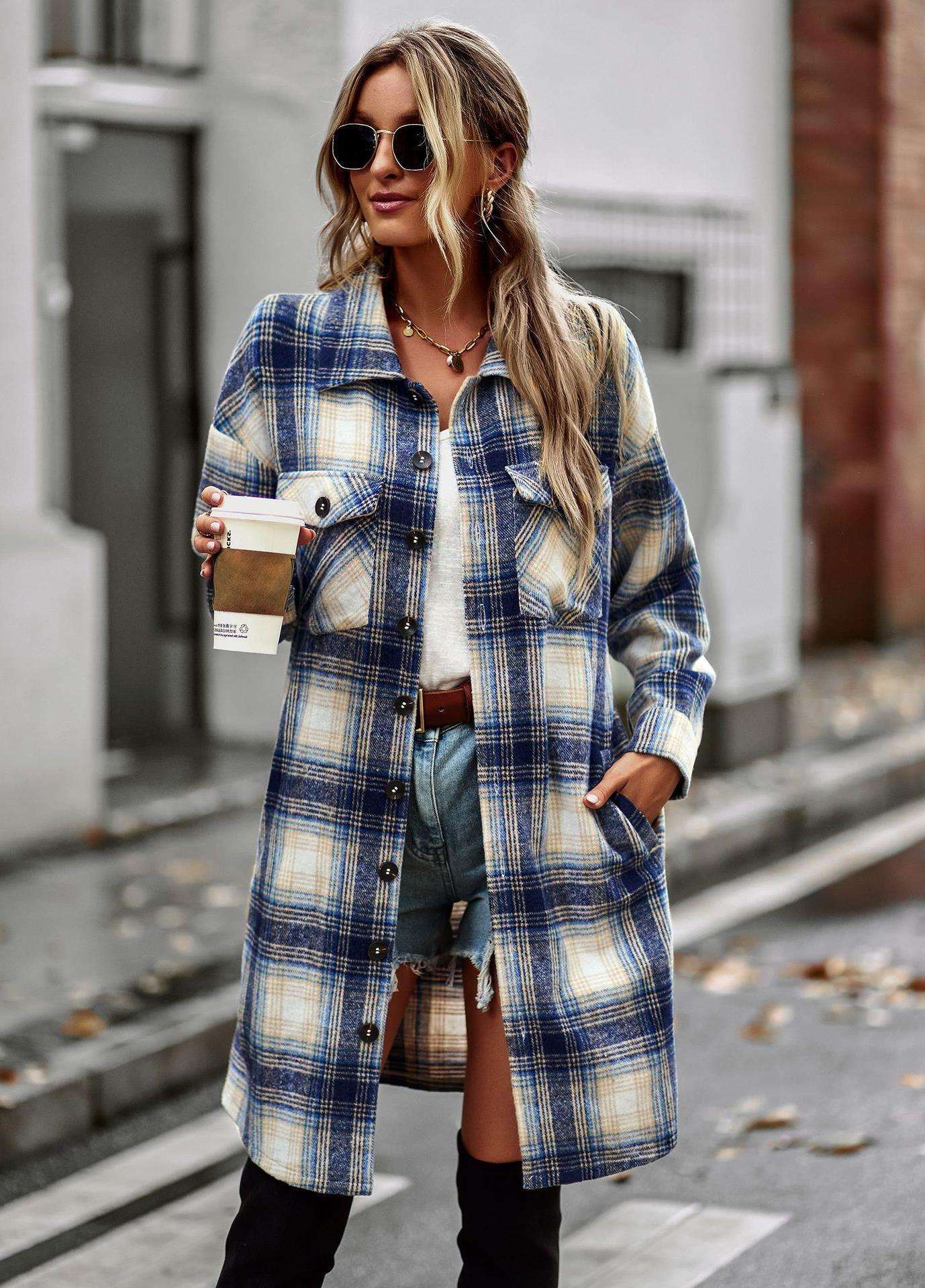 Temperament Leisure Long Plaid Tup Cardigan Coat - CanvasSphere #