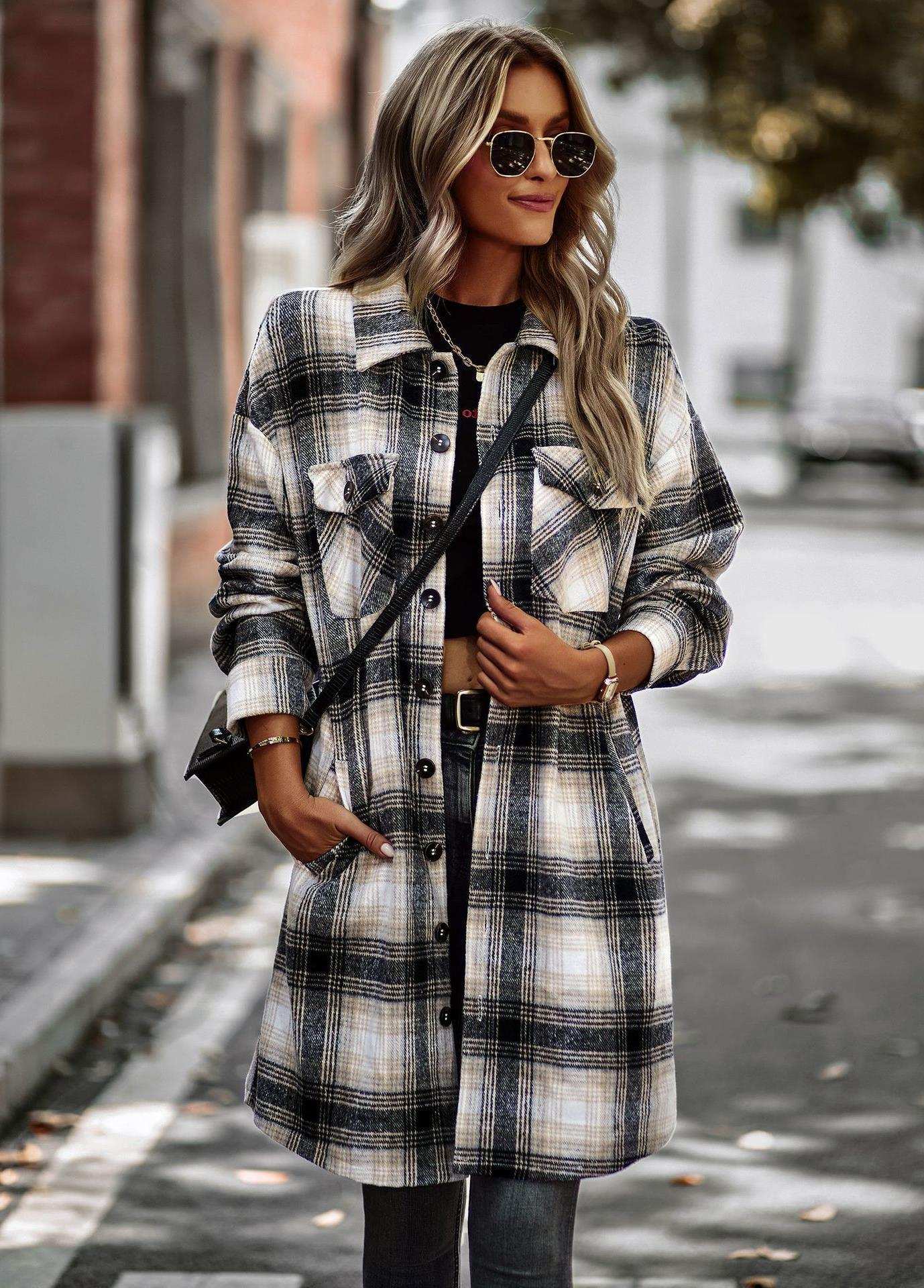 Temperament Leisure Long Plaid Tup Cardigan Coat - CanvasSphere #