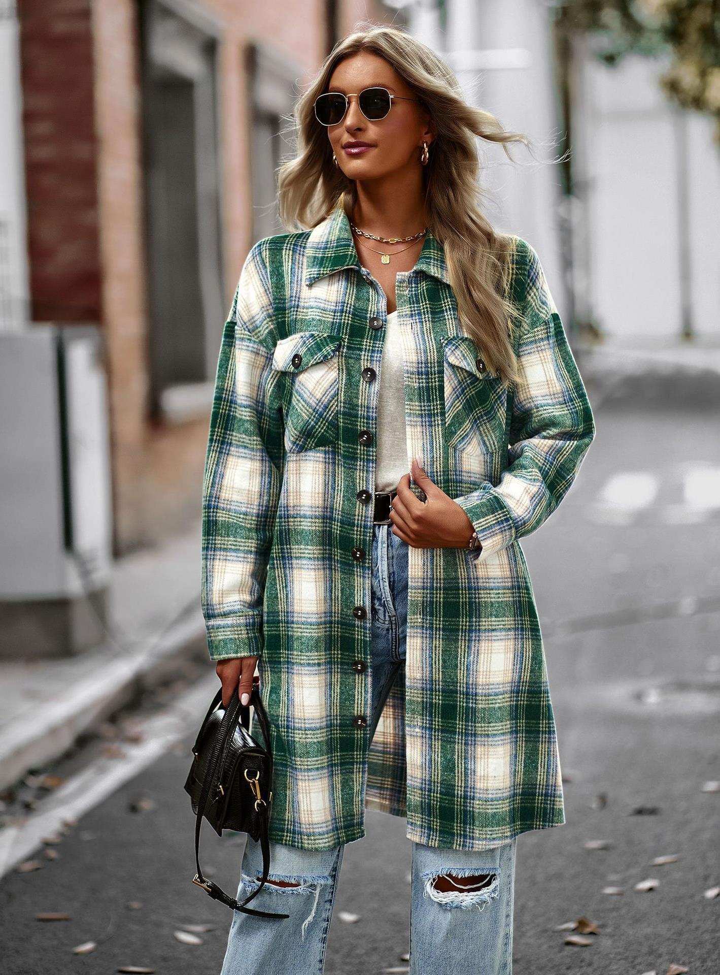 Temperament Leisure Long Plaid Tup Cardigan Coat - CanvasSphere #