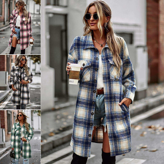 Temperament Leisure Long Plaid Tup Cardigan Coat - CanvasSphere #