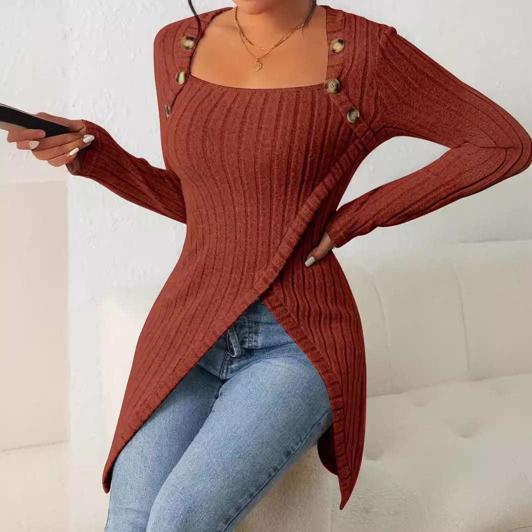 Square Collar Irregular Knitted Top With Button Design Fashion Solid Long-sleeved Long Top For Women Clothing - CanvasSphere