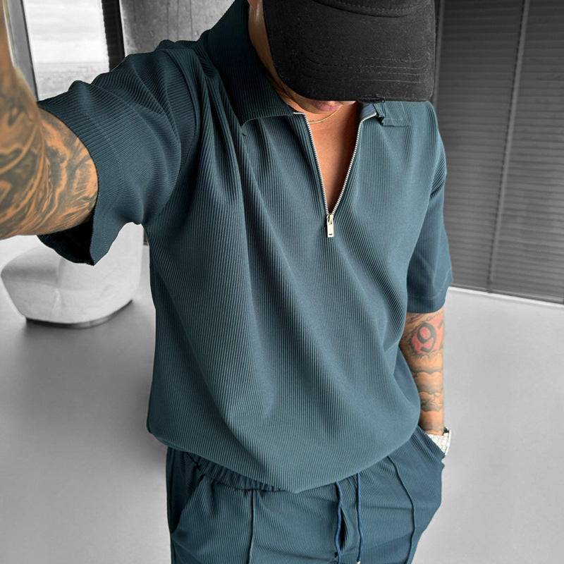 Summer Fashion Mens Clothing  Men's Suits New Zipper Polo Casual Short Sleeve Drawstring Shorts Men's Set