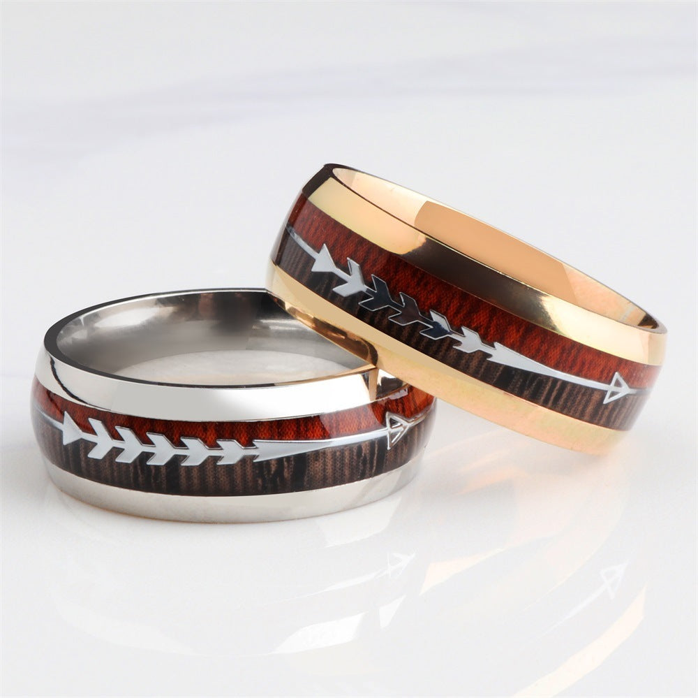 Stainless Steel Wood Grain Arrow Inlaid Ring